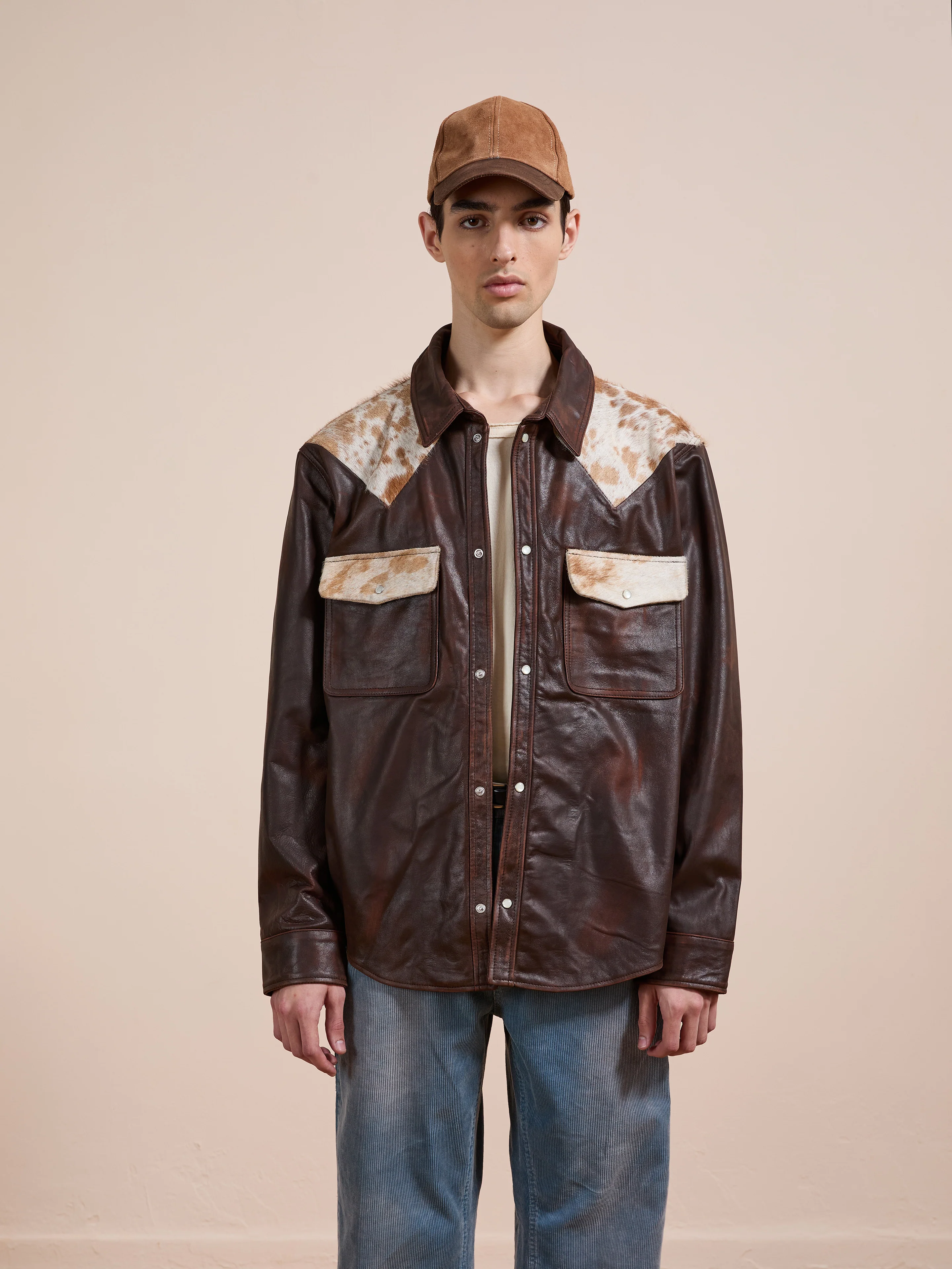 Distressed Leather Cowhide Contrast Western Shirt