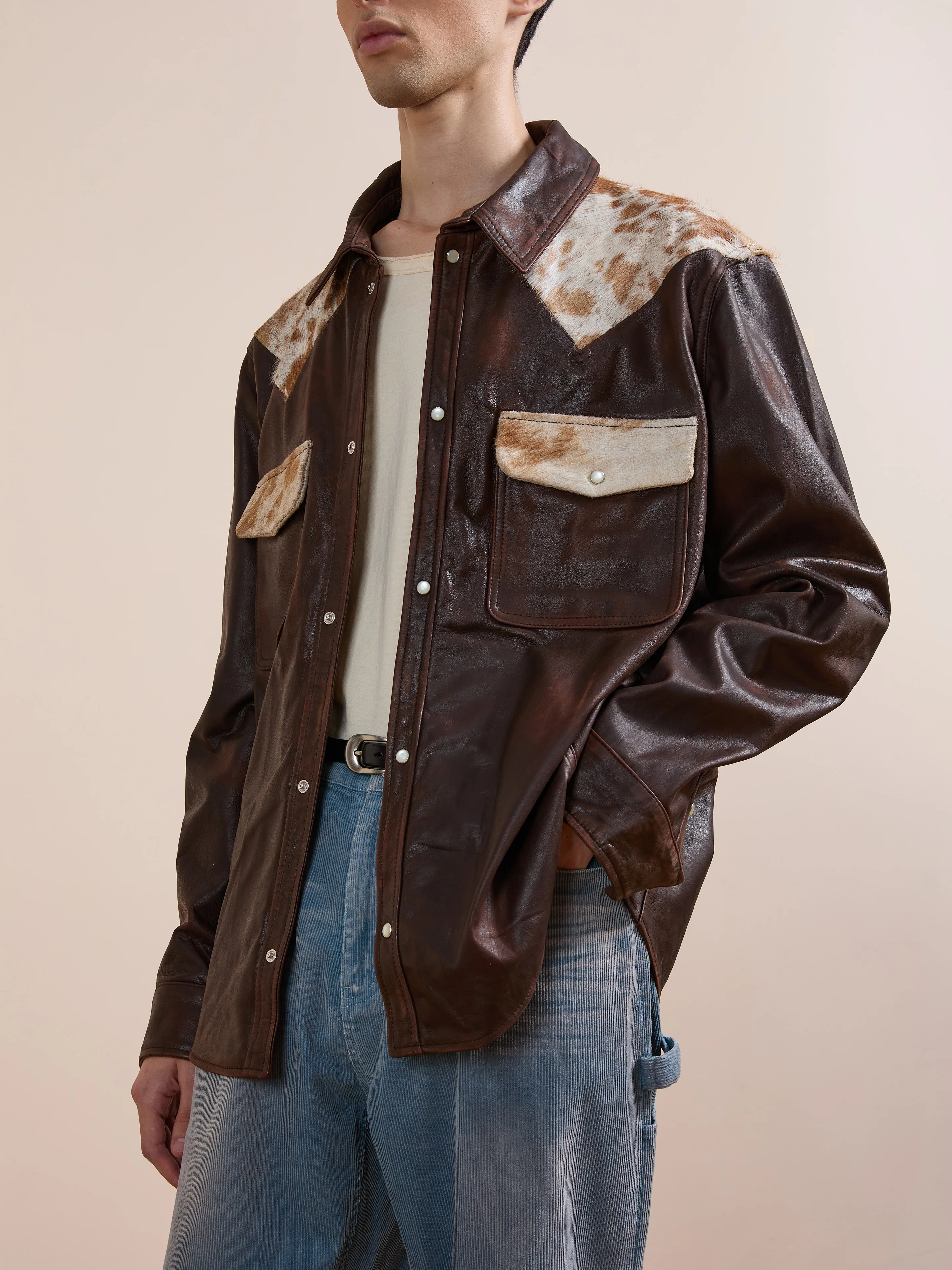 Distressed Leather Cowhide Contrast Western Shirt - Image 2