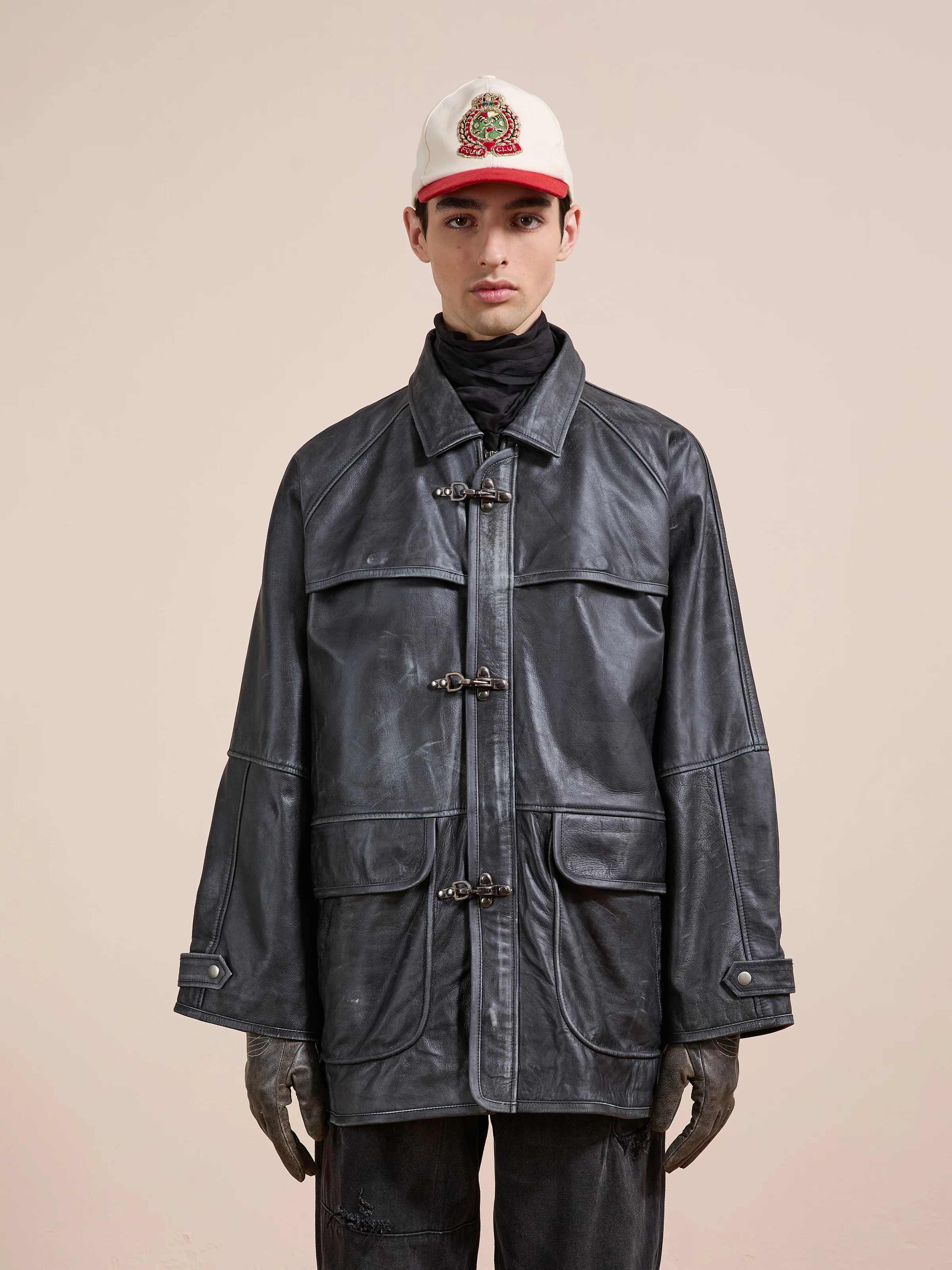 Distressed Leather Fireman Clasp Jacket
