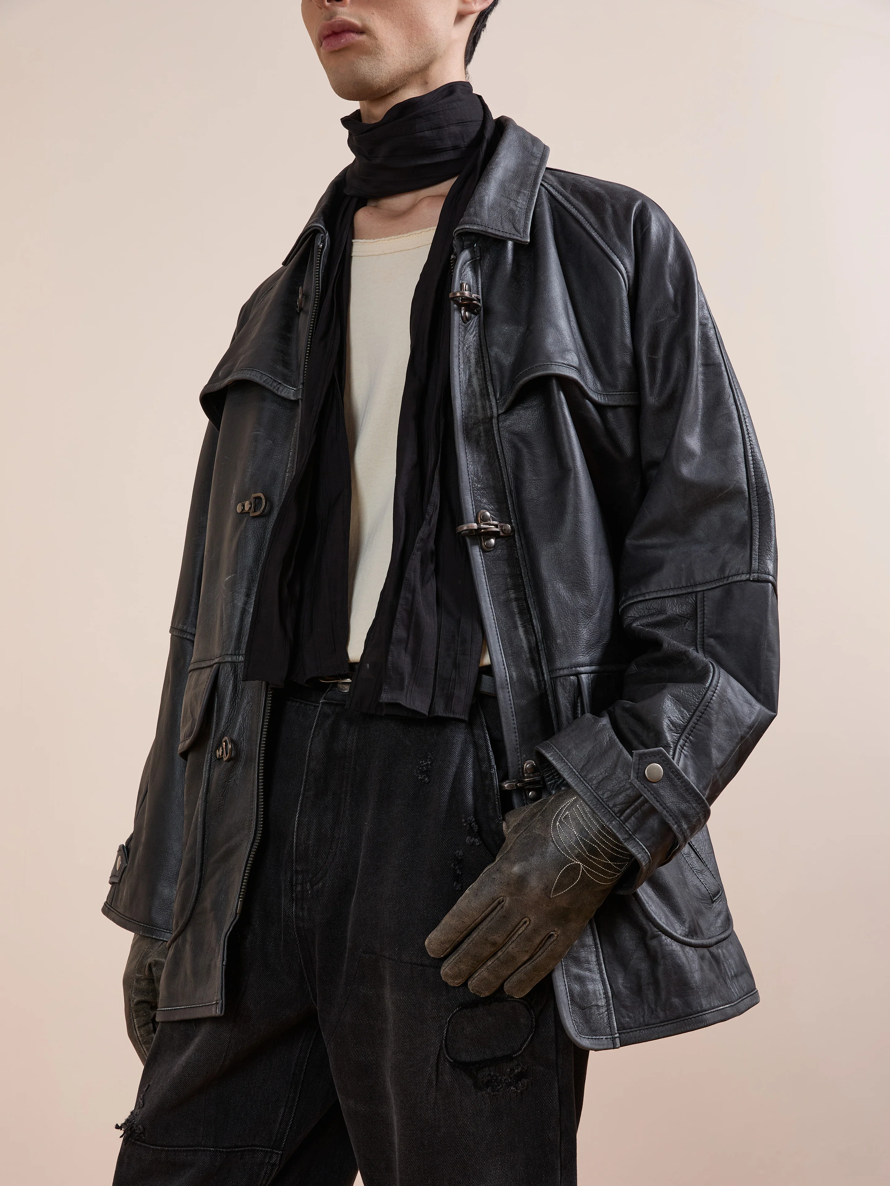 Distressed Leather Fireman Clasp Jacket - Image 2
