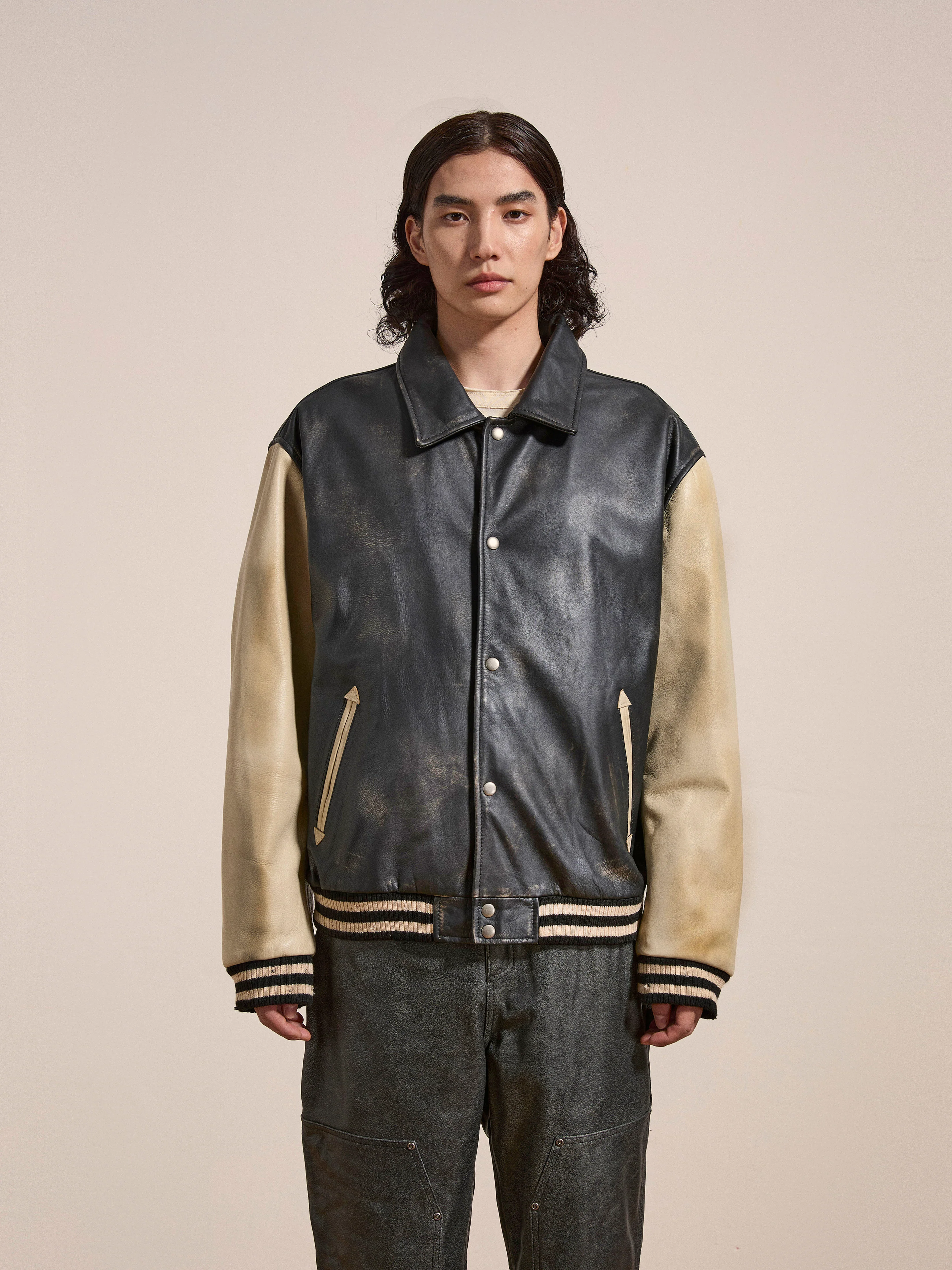 Logan Distressed Leather Varsity Jacket